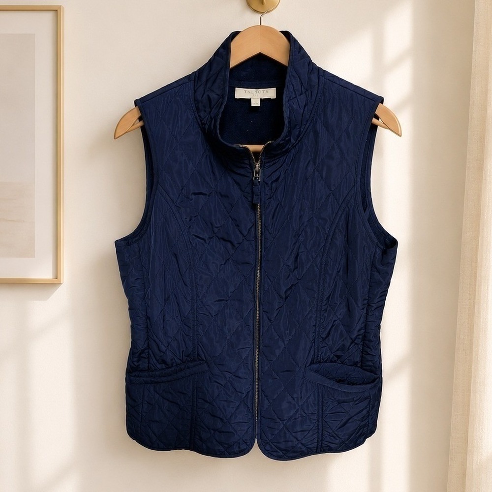 Talbots Navy Blue Quilted Puffer Vest Fleece Lined Full Zip Women Small Preppy